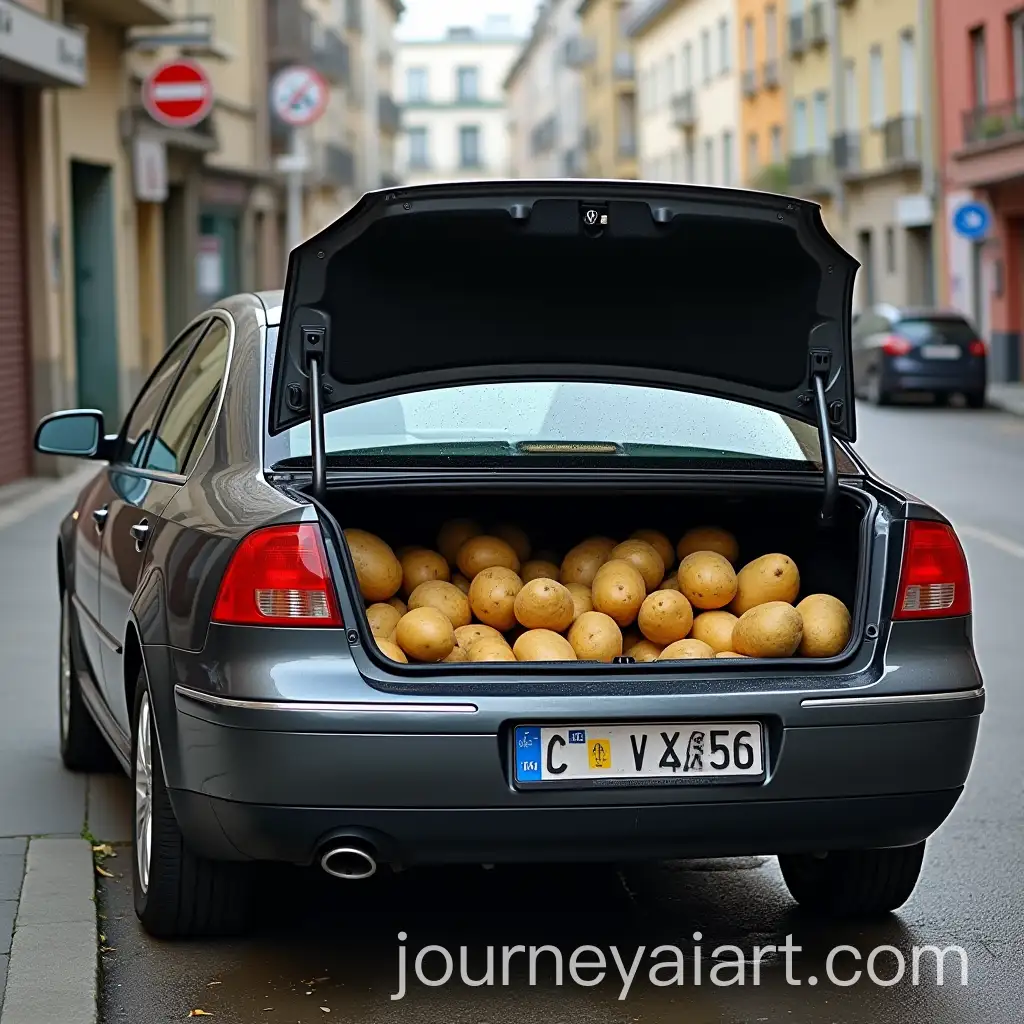 Dark-Gray-Volkswagen-Passat-B3-Sedan-with-PotAI-Art-Prompt-Expansionatoes-in-Trunk-on-Postcard