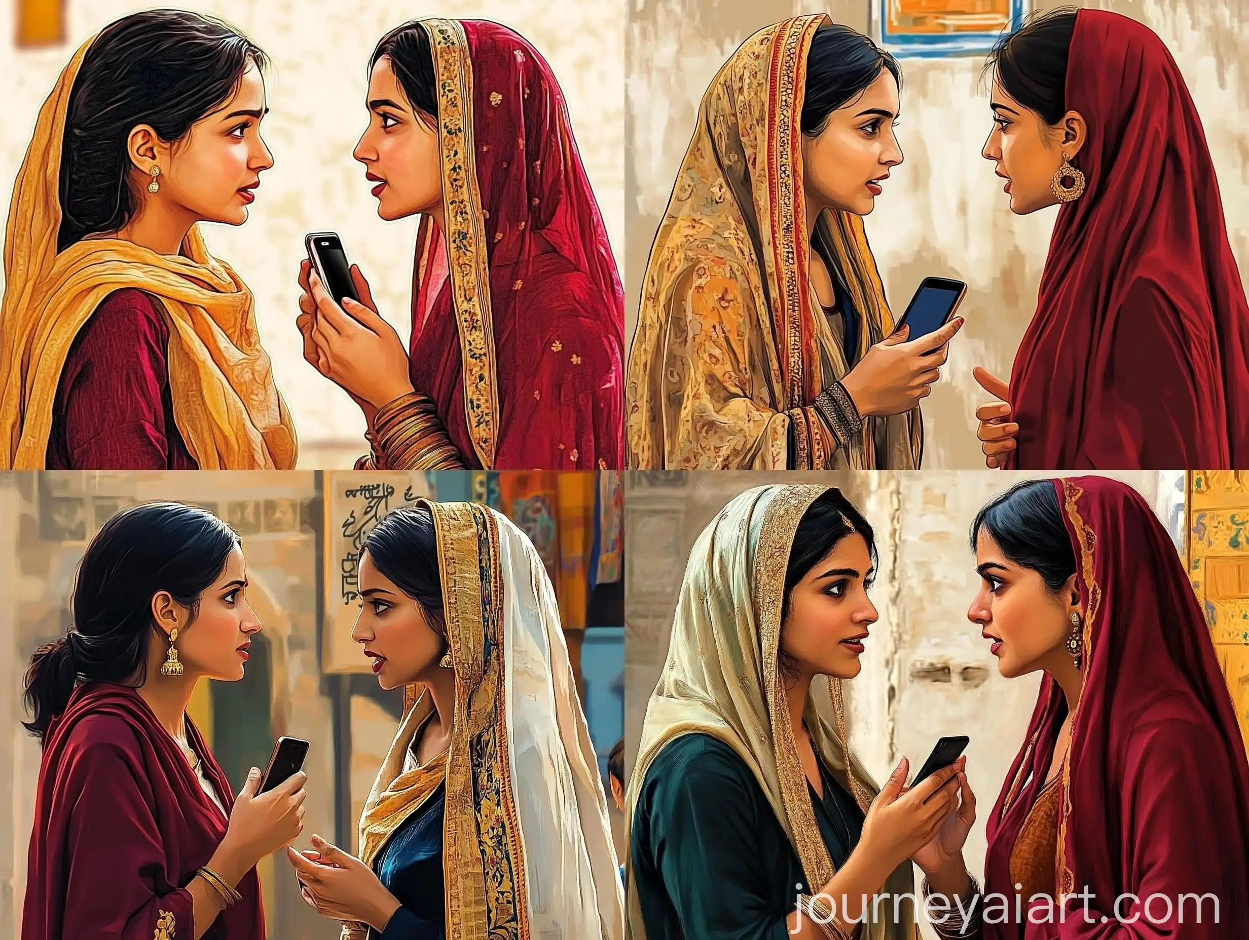 Two-Pakistani-Women-in-Conversation-Cultural-Attire-and-Intimacy