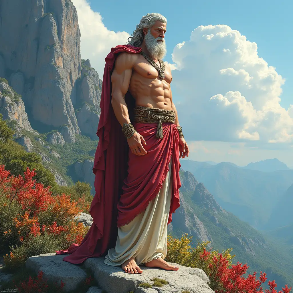 ultradetailed hyperrealistic portrait god zeus 10 meters tall in Greece on a mountain on a rock elaborately detailed, colorful plants in the background colorful plants background