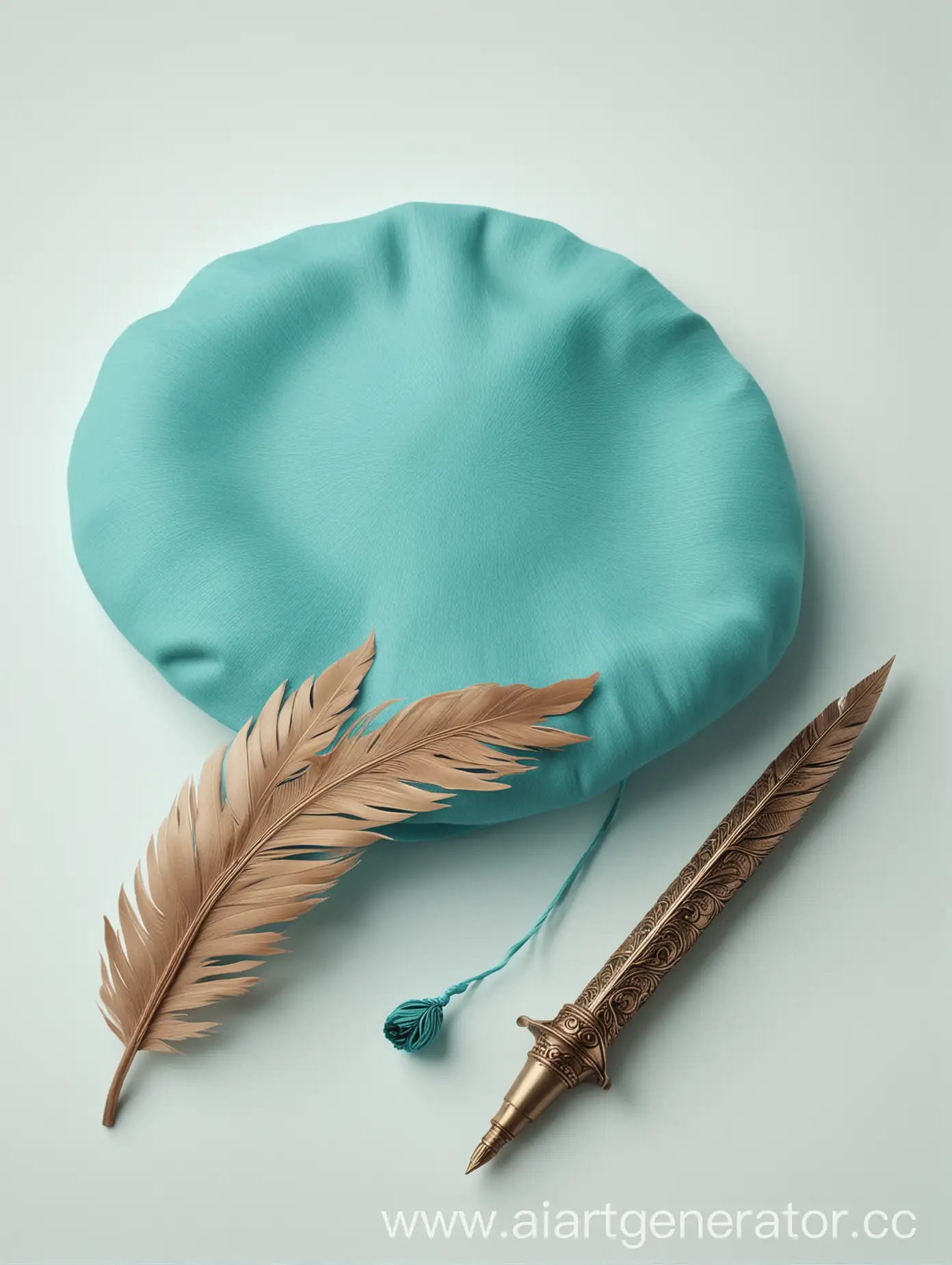 Shakespearean beret and quill for writing in turquoise tones, on a white background, in the style of animation