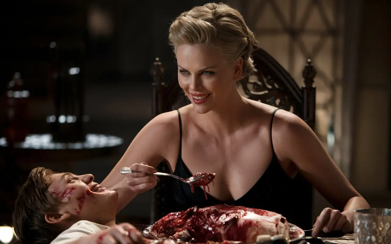 Charlize-Theron-Indulging-in-Sinister-Feast-at-High-Table