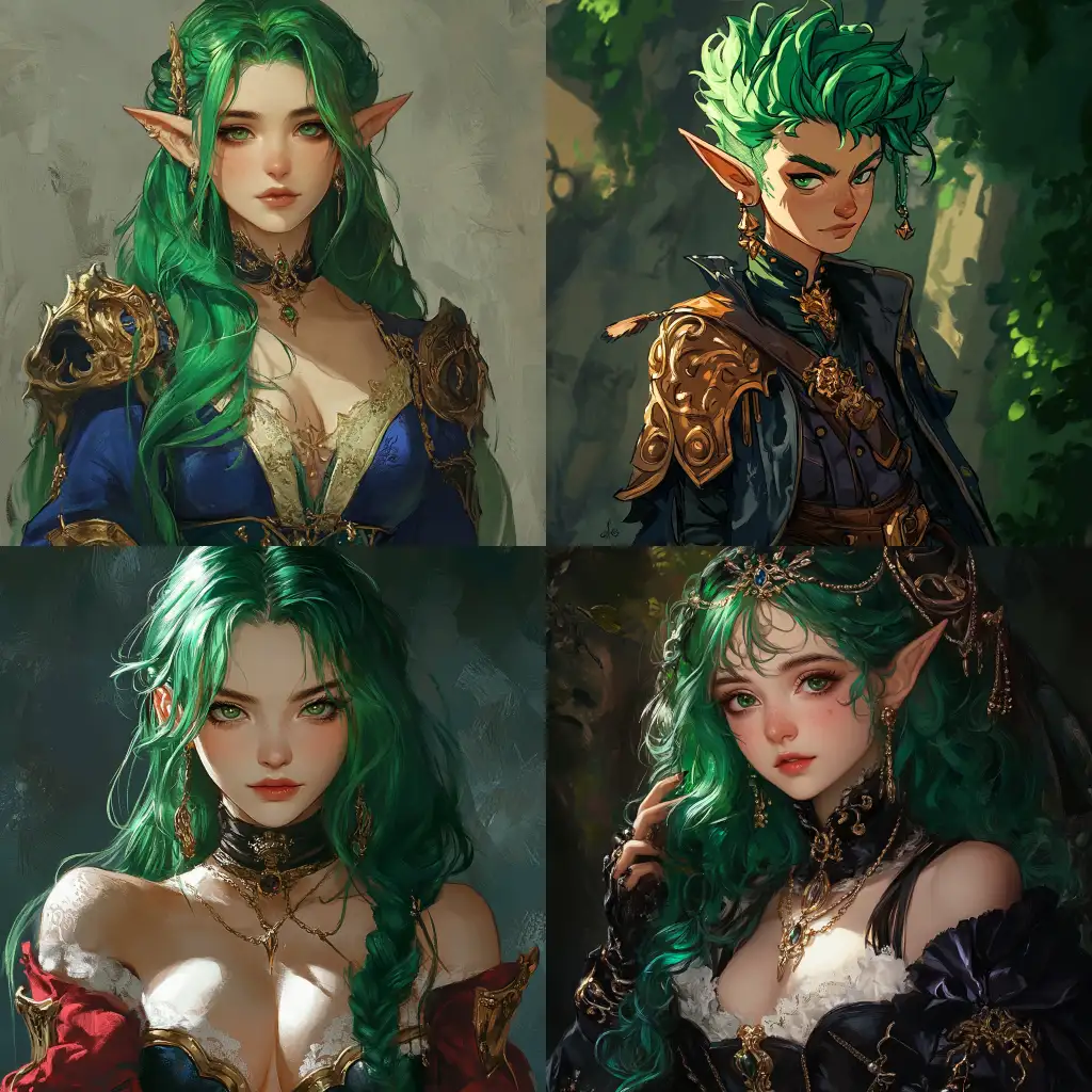 Fantasy-Gnome-in-Luxurious-Clothes-with-Green-Hair-in-DnD-and-Anime-Style