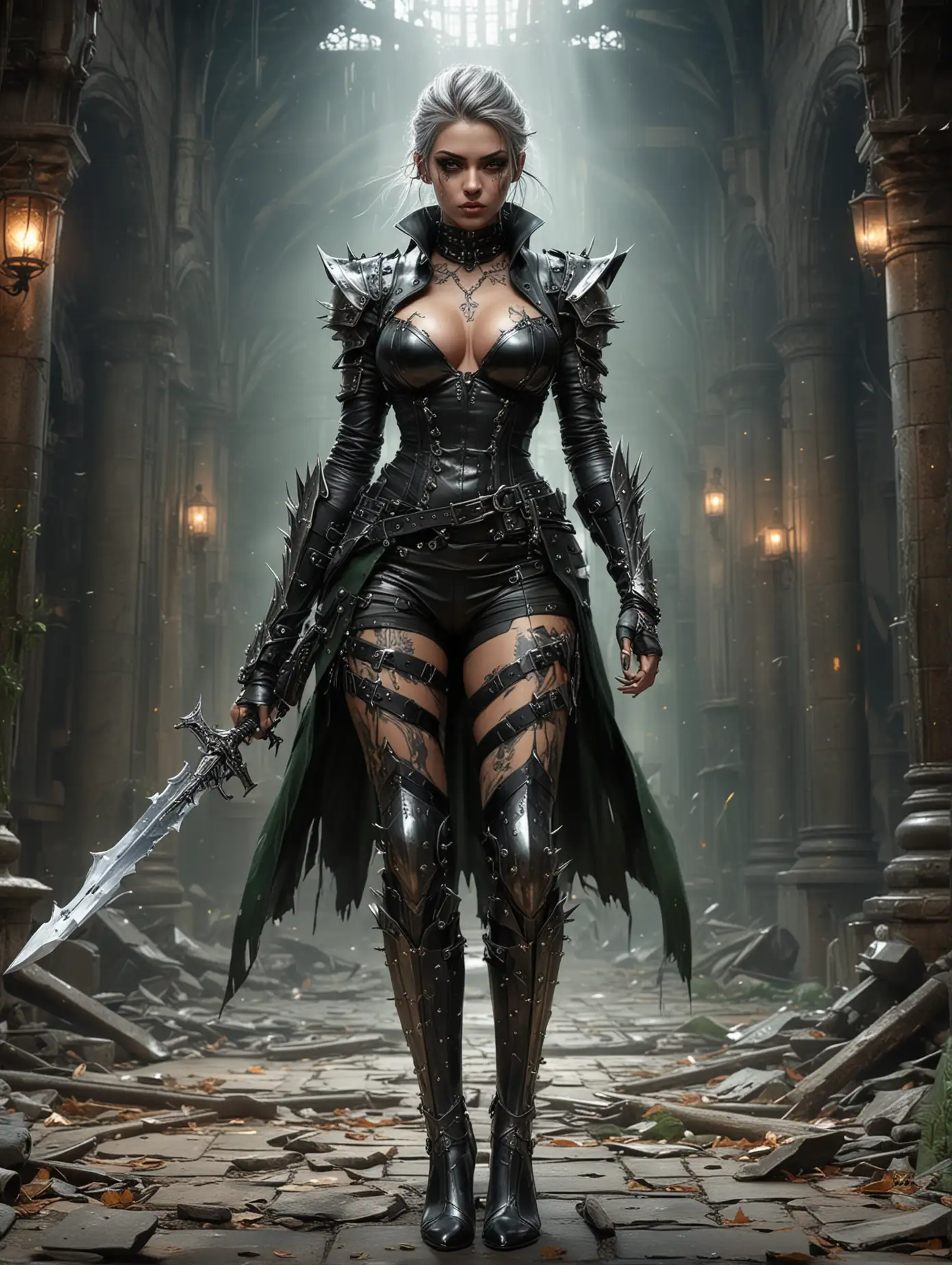 Full body view, dynamic angle shot, A fierce rebel beauty with a heavy metal attitude, this beauty woman exudes confidence and superiority. In the striking digital painting, her tattoos shimmer with a metallic sheen, her sharp claws glinting like silver daggers. Sharp green eyes stare defiantly, while a spiked collar adds a touch of danger. she is in a dynamic fighting pose, the background of the castle hall with lights shining very brightly, the intricate details and dynamic composition make this image a masterpiece of intensity and power., illustration, dark fantasy, semi-realism anime, colorful organic shapes