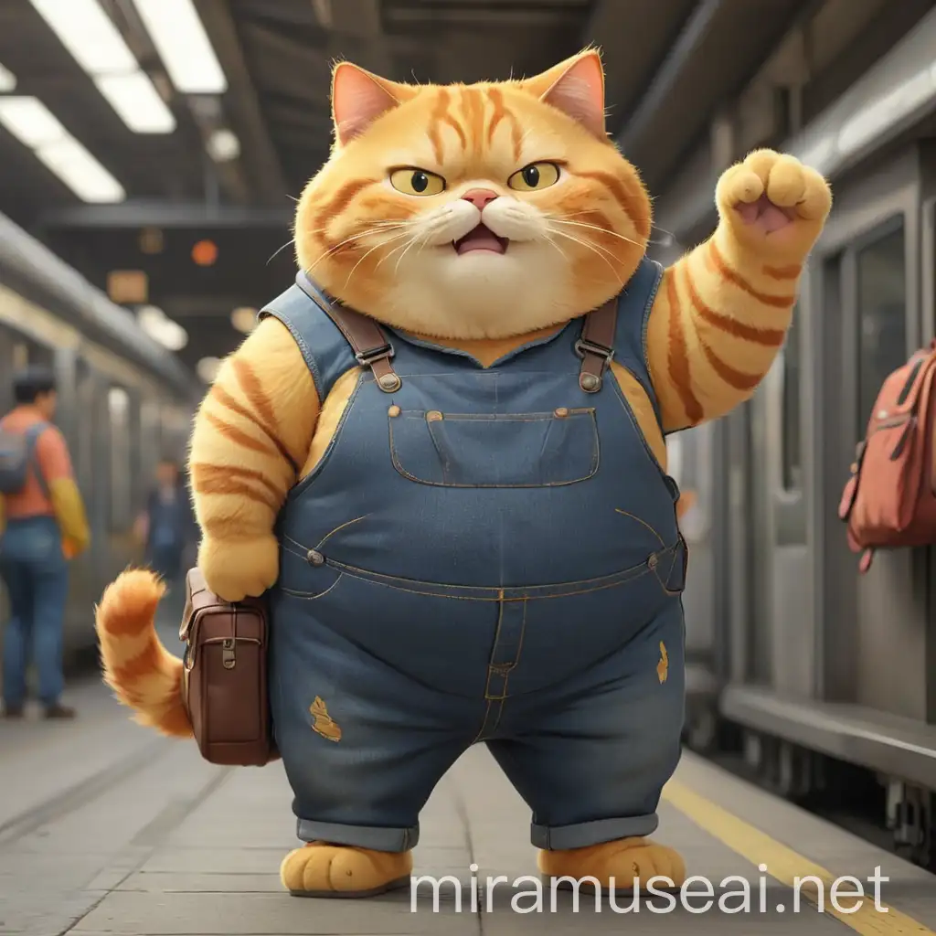 Animated Cat in Denim Overalls Waiting at Train Station