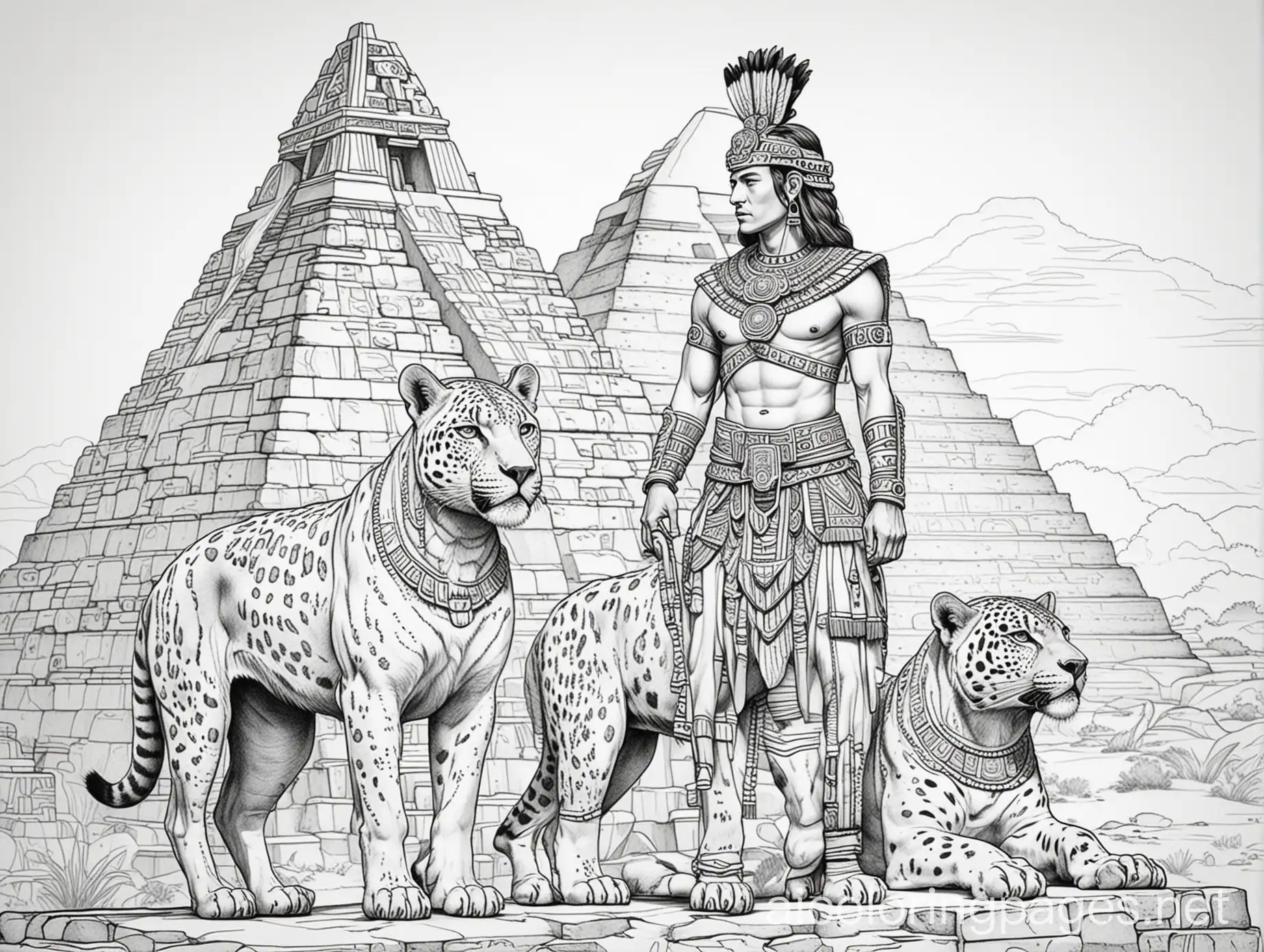 Aztec-Emperor-and-Jaguar-on-Pyramid-Coloring-Page