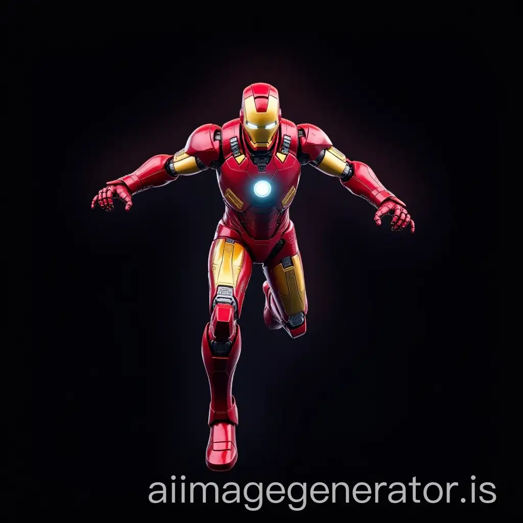 robot iron man with bright colors flying vertically on a black background