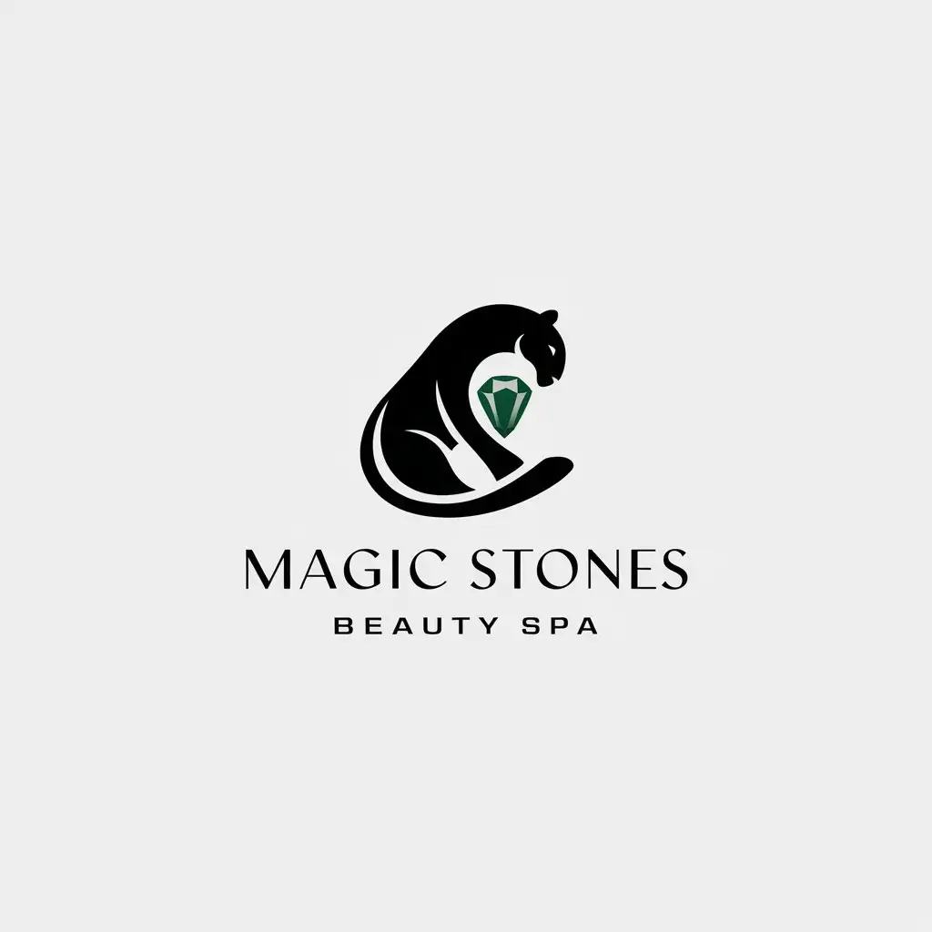 a vector logo design,with the text "Magic Stones", main symbol:graceful panther and emerald,Minimalistic,be used in Beauty Spa industry,clear background