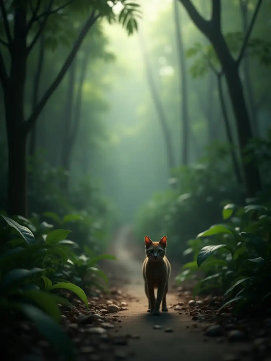 3d scene : A serene yet eerie shot of the jungle, unusually quiet with no animals visible except for a lone cat cautiously walking toward the screen. Dense foliage surrounds the path, with faint sunbeams piercing through the thick canopy, casting soft rays on the cat’s sleek fur. The camera is at a low angle, capturing the cat's focused, curious eyes as it moves gracefully, its soft paws making no sound. The jungle's stillness amplifies the cat's presence, making it feel like the viewer is the only other witness to this silent, mysterious moment.