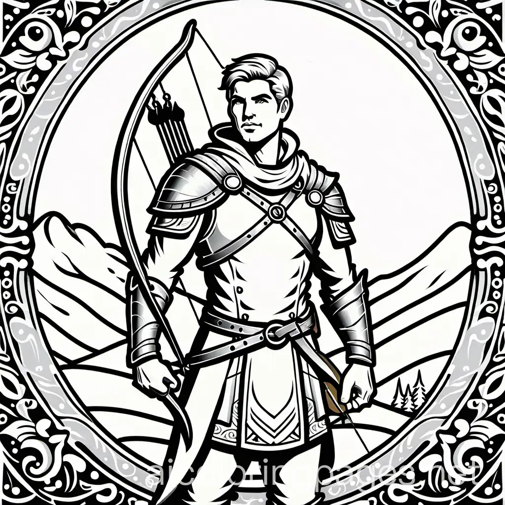 fantasy, archer, male, human, Coloring Page, black and white, line art, white background, Simplicity, Ample White Space. The background of the coloring page is plain white to make it easy for young children to color within the lines. The outlines of all the subjects are easy to distinguish, making it simple for kids to color without too much difficulty