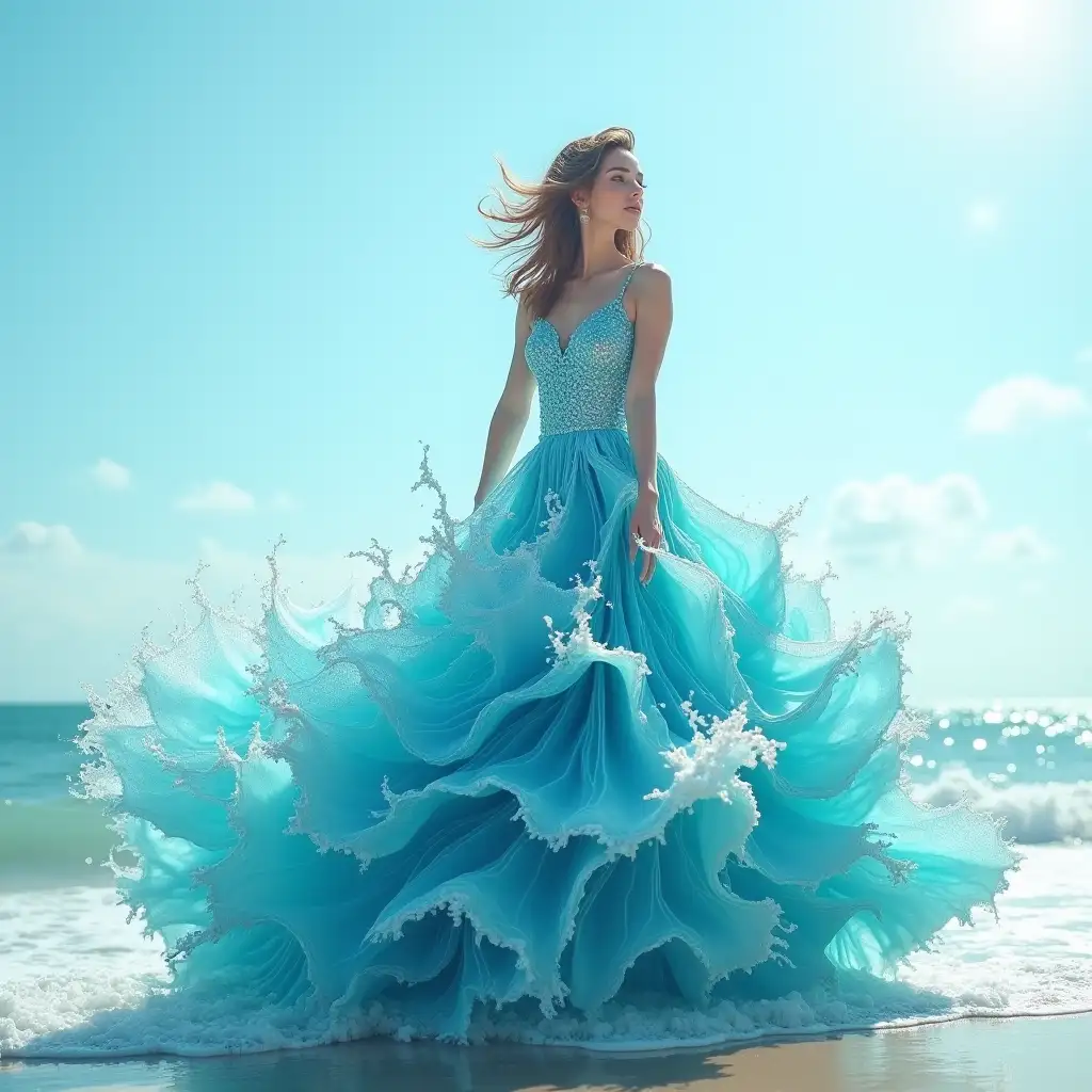 A stunning and surreal image of a girl wearing an intricate aqua dress made entirely of water waves, creating a mesmerizing and visually stunning effect. The girl is shown in a graceful pose on the seashore, and the water appears to flow out in a dramatic fan-like shape. This image can be created using the following vector. Woman in an elaborate aqua dress made entirely of water waves, by Dmitry Kostanovich, Photoshop, Felicia Semyon, UHD image, Ekaterina Panikanova, Shiny and sparkling, HDR, Dynamic mode, 32kb, Sharp focus, Illustration. by Sasan.