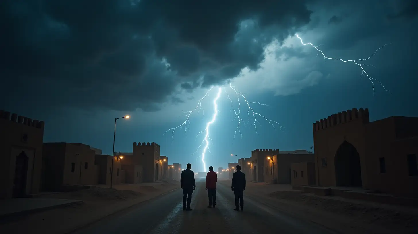 Storm Clouds Over an Old Desert City with Lightning and Silhouetted Figures