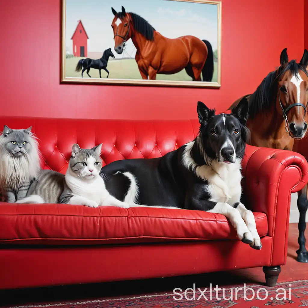 Dog on red sofa, horse behind it, cat next to it