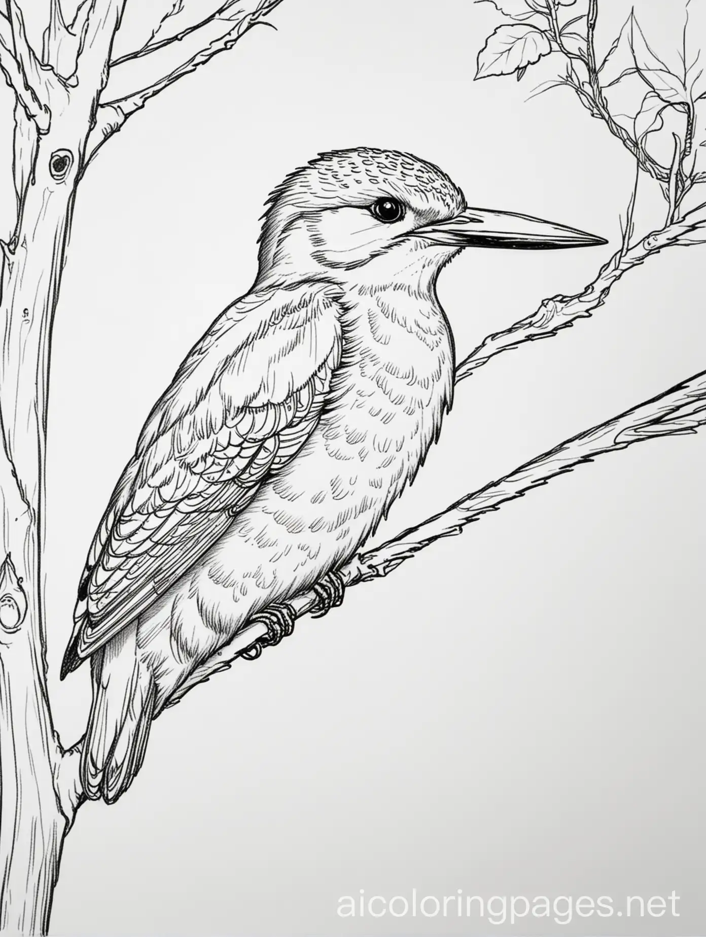 Kingfisher-on-Tree-Branch-Coloring-Page-Black-and-White-Line-Art