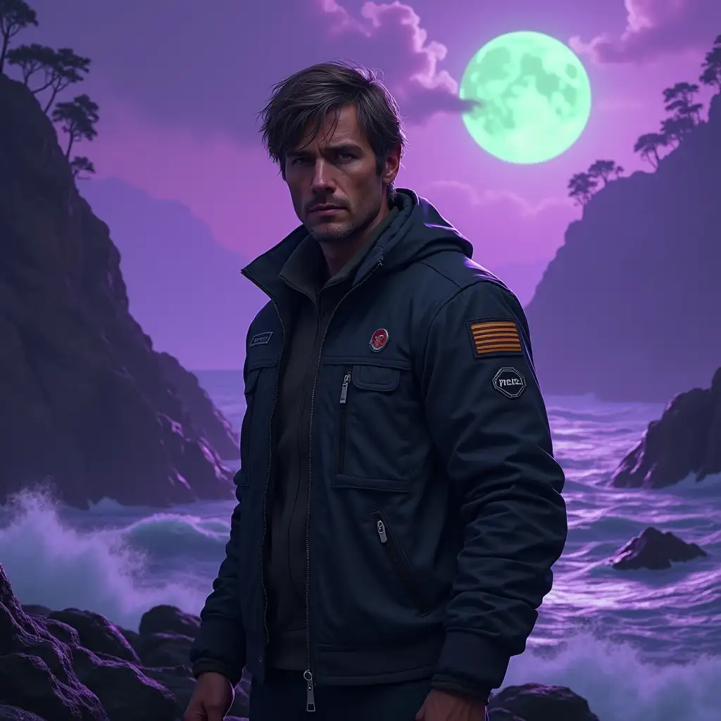 Portrait of a rugged male space captain in his late 30s, youthful face with subtle stress lines, tousled brown hair with few grey streaks, intense eyes, wearing a simple dark civilian flight jacket, basic tech-fabric clothing, standing on dramatic rocky cliffs overlooking violent purple seas, jagged black rocks jutting from turbulent waters, towering cliff faces with silhouetted alien trees, glowing green moon casting ethereal light through purple storm clouds, bioluminescent mist, crashing waves creating purple spray, volumetric lighting, moody rim lighting, cinematic composition, hyperrealistic detail, character concept art, high-end digital painting, artstation trending, 8k detail, modern civilian aesthetic