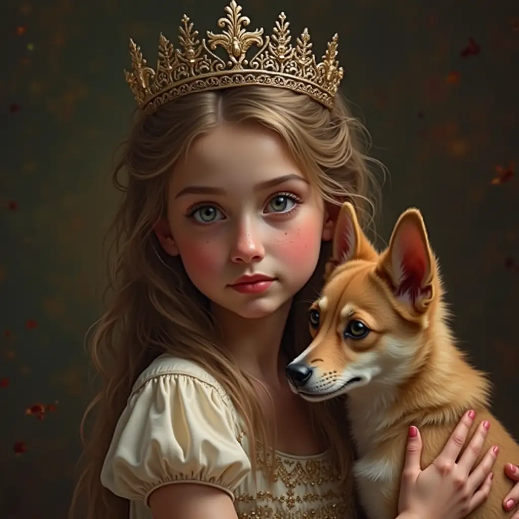 Ultradetailledes hyperrealistic digital painting a princess with a dog with flawless attention to texture, surface and lighting, to convey depth, dimension and a photorealistic appearance.