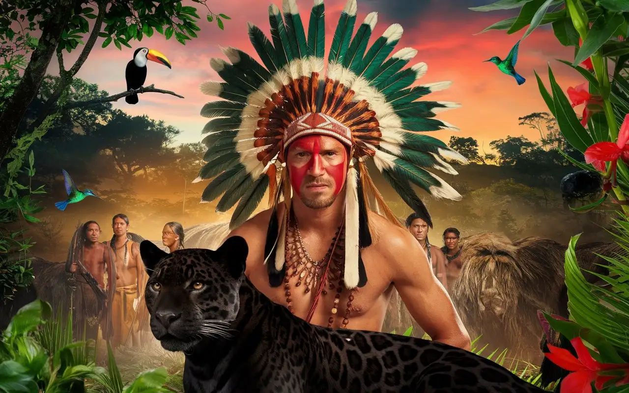 Paul Walker in Amazonian Indian Headdress at Dawn in Rainforest with Jaguar