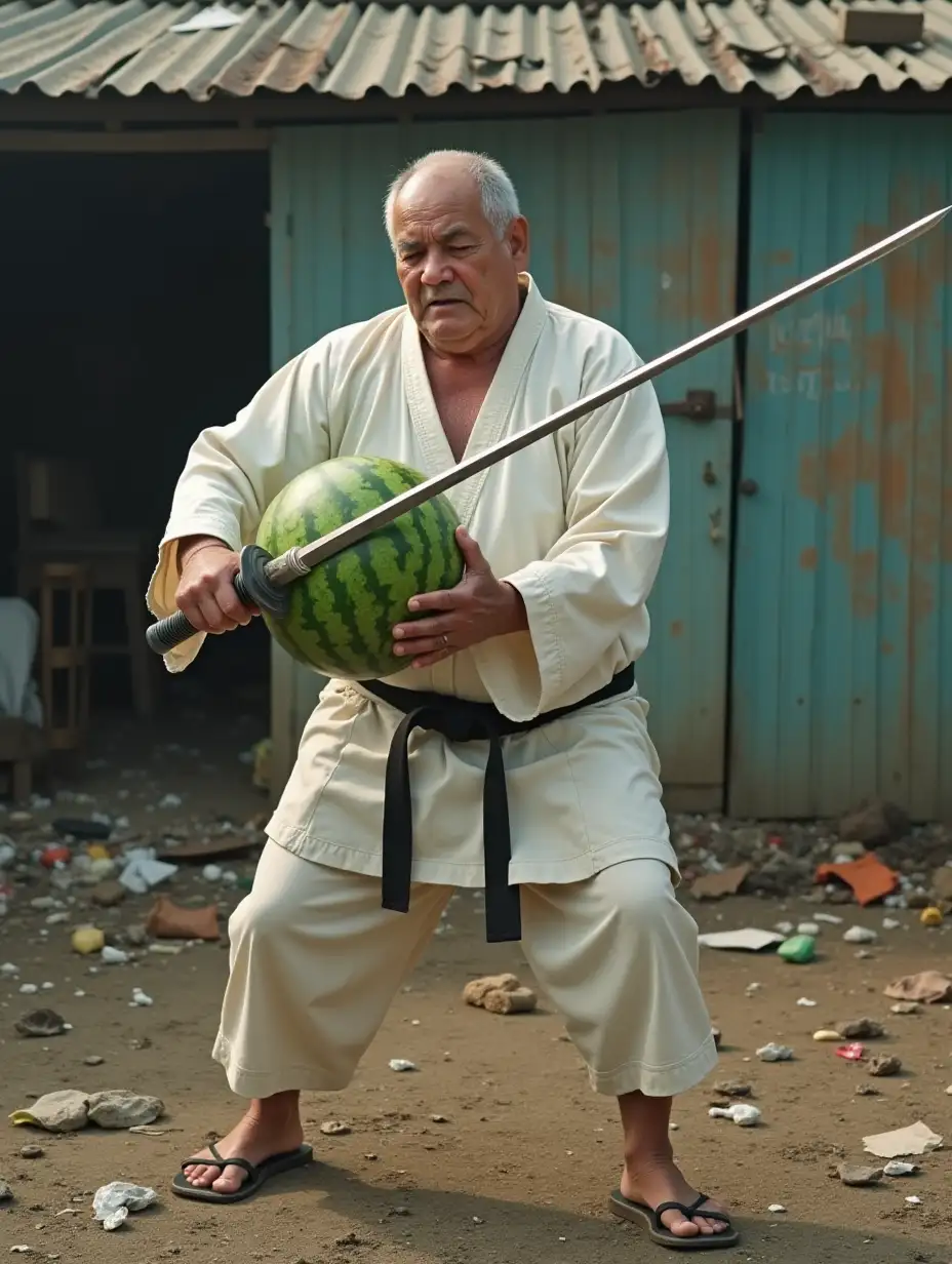 A phony Taekwondo master, wearing a taekwondo kimono, white, with a black belt, is trying to break in half a huge watermelon with a sword. He is overweight and short, he is 70+ years old, he looks ridiculous and fatigued. He is in a junkyard with trash all over the set.