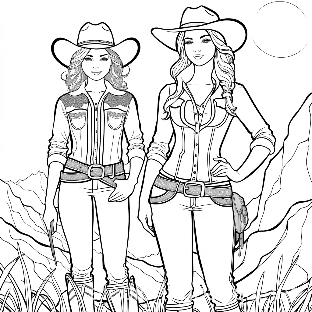 Three-Cowgirls-Coloring-Page-Wild-West-Inspired-Line-Art