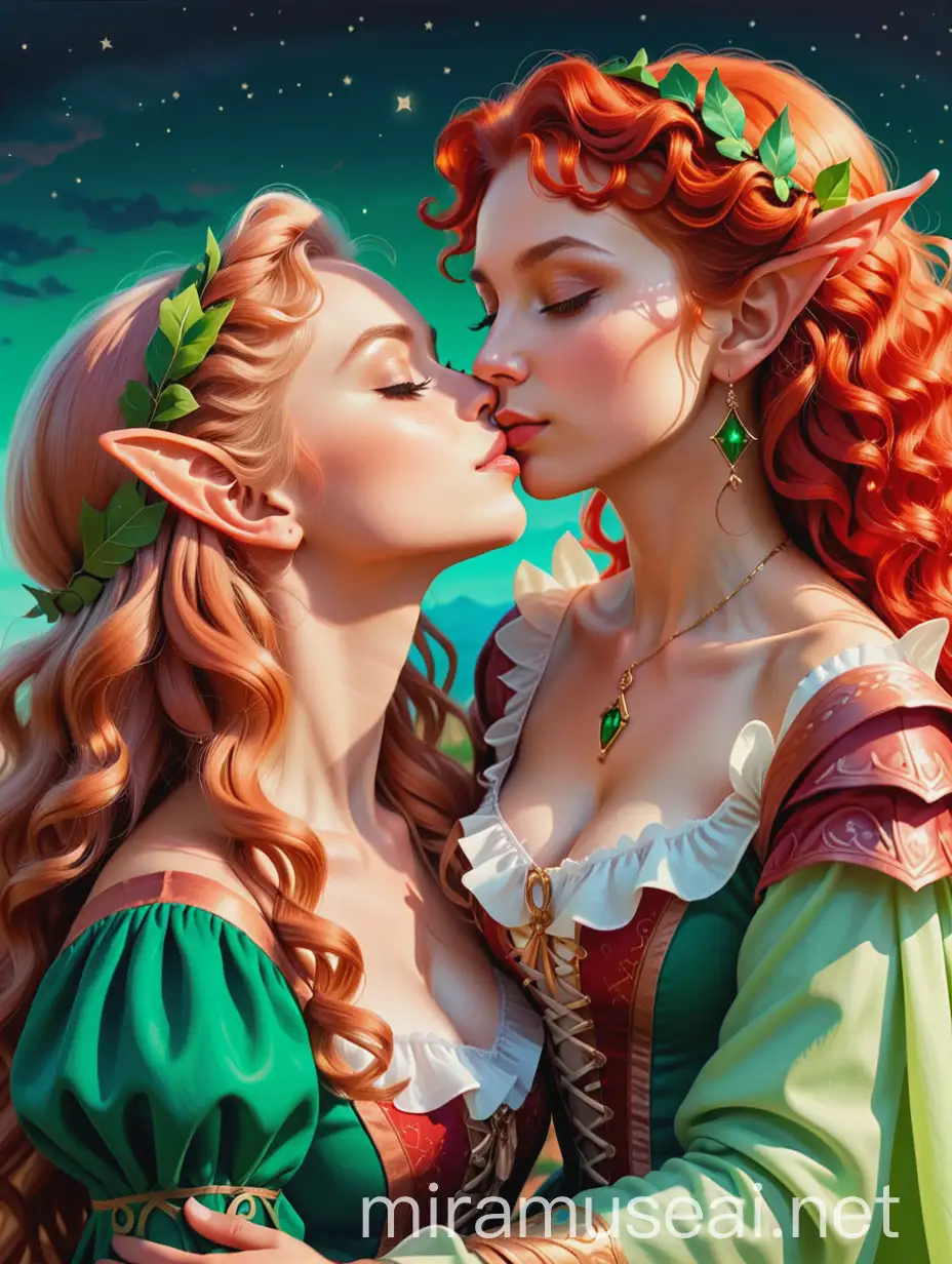 Rococo Style Portrait of Fantasy Lovers Kissing under Colorful Evening Sky