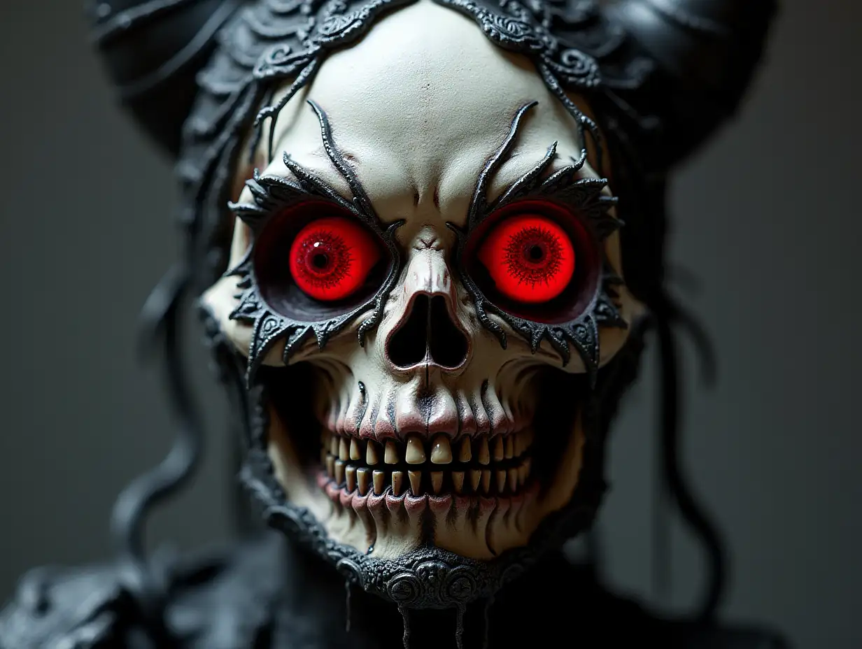 Cyber Totenkopf with ruby eyes, Porcelain with 3d structure black ornaments 100 mm Capture