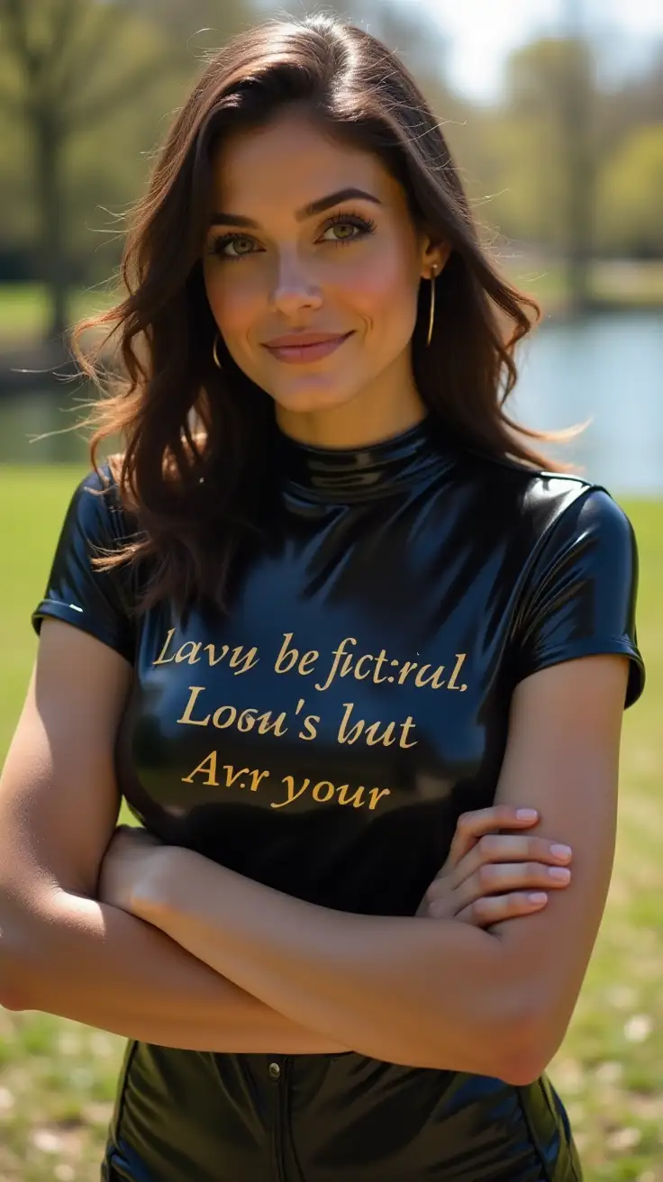 Corpulent curvy brunette woman standing in the city park; folded arms; narrow tight black latex choker; high quality clear latex reflections; skintight shiny latex t-shirt with meaningful text; sunny windy spring day; subtly smiling; lake in the background