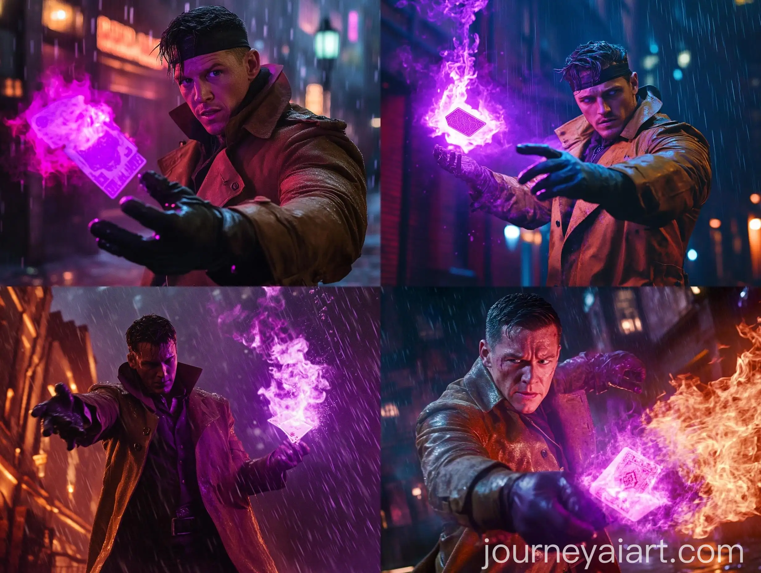 Channing-Tatum-in-Brown-Trench-Coat-Throws-Burning-Playing-Card-at-Haunted-Building