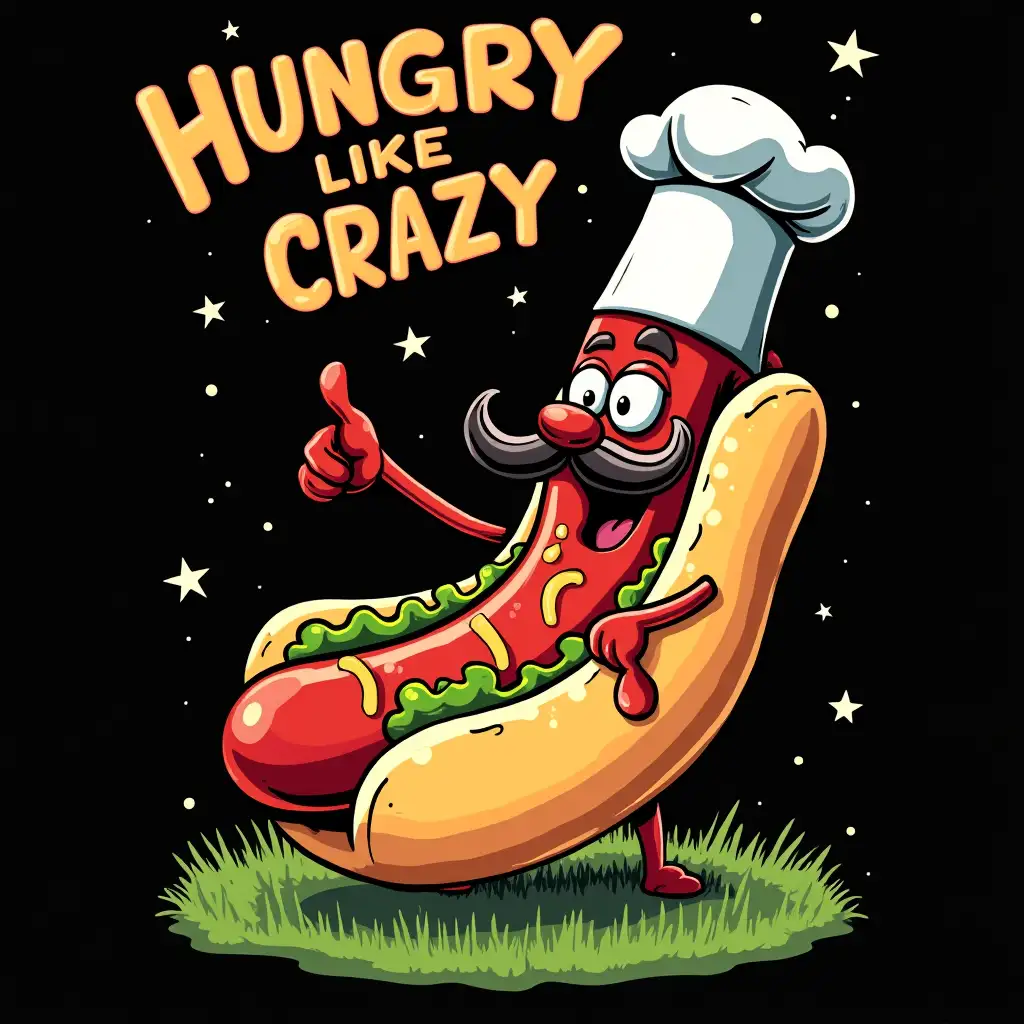 illustration suitable for screen printed T-Shirt design, concept art with mixed vegan anthropomorphic hot dog with eyes and mouth and big mustache till ground and grass joint wearing a cap and near is fat cheff crazy smiling to him and liquid ketchup over his head, there is a written word upper:  HUNGRY LIKE CRAZY! star skies, CGI art highly detailed, vector Flat design, clean bold, sharp crisp outlines, isolated in black background