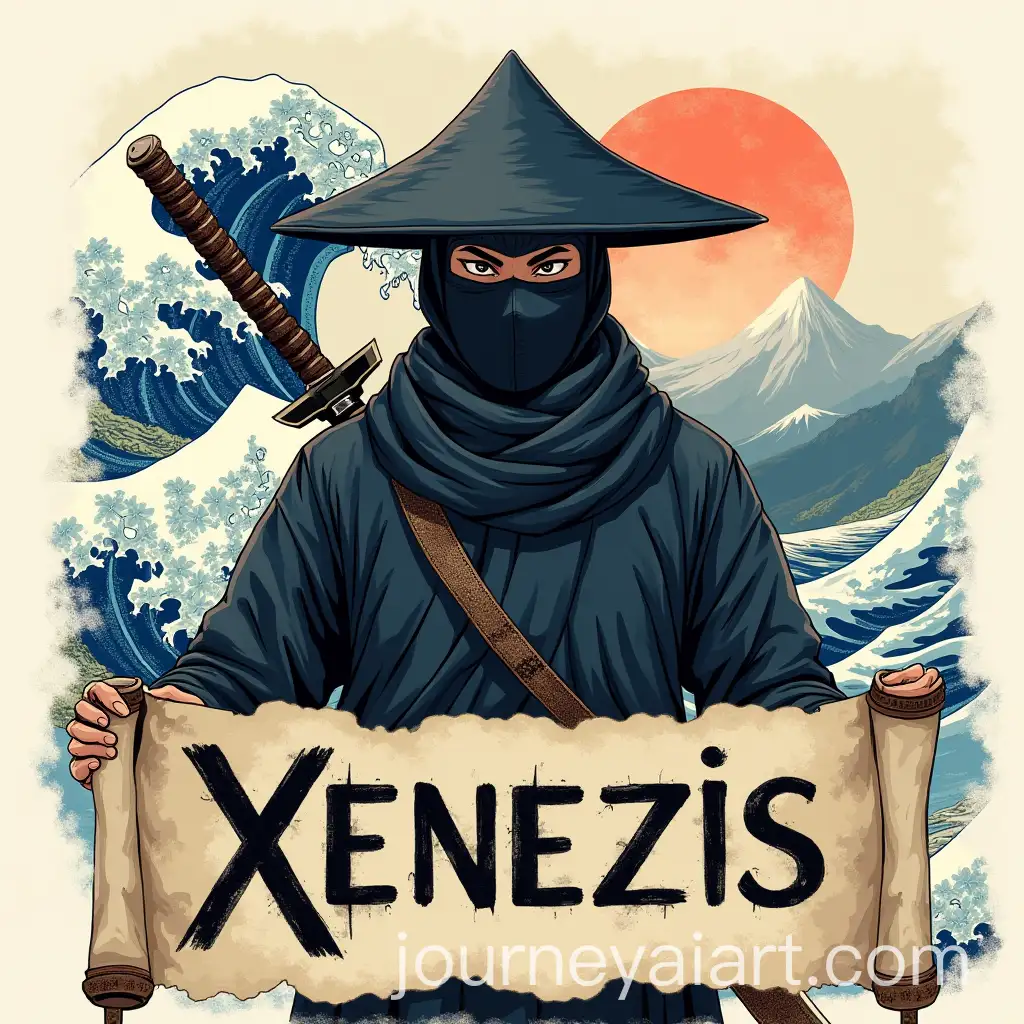 Realistic-Ninja-Scroll-with-Mount-Fuji-and-Waves-Background