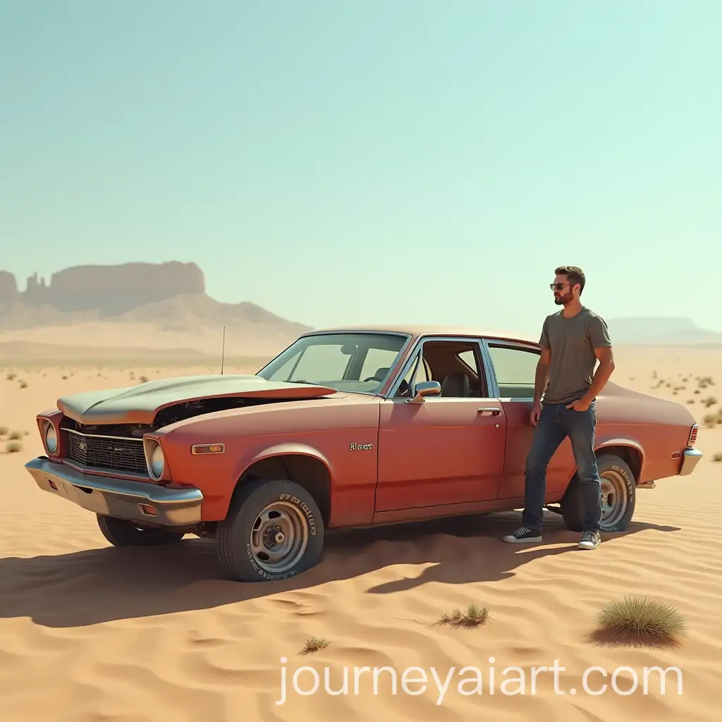 Man-Stranded-in-the-Desert-with-Broken-Down-Car