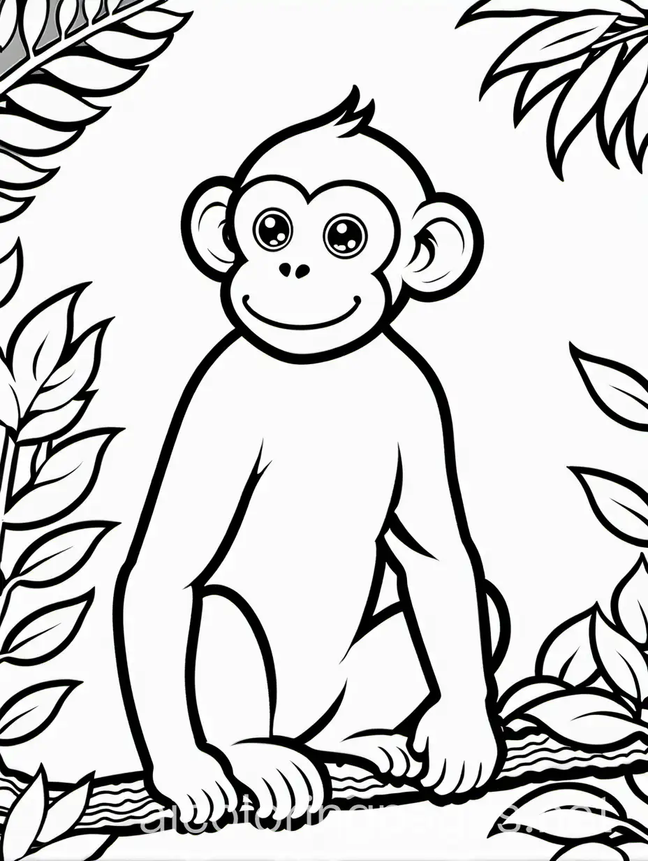 monkey, Coloring Page, black and white, line art, white background, Simplicity, Ample White Space. The background of the coloring page is plain white to make it easy for young children to color within the lines. The outlines of all the subjects are easy to distinguish, making it simple for kids to color without too much difficulty