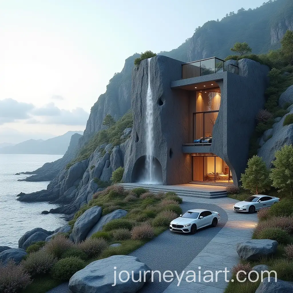 Luxury-Cars-and-Slate-Rock-Mountain-Design-with-Waterfall-at-Beachside-Town