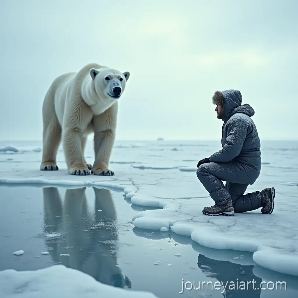Arctic-Explorer-Observing-a-Polar-Bear-on-a-Cracked-Ice-Shelf