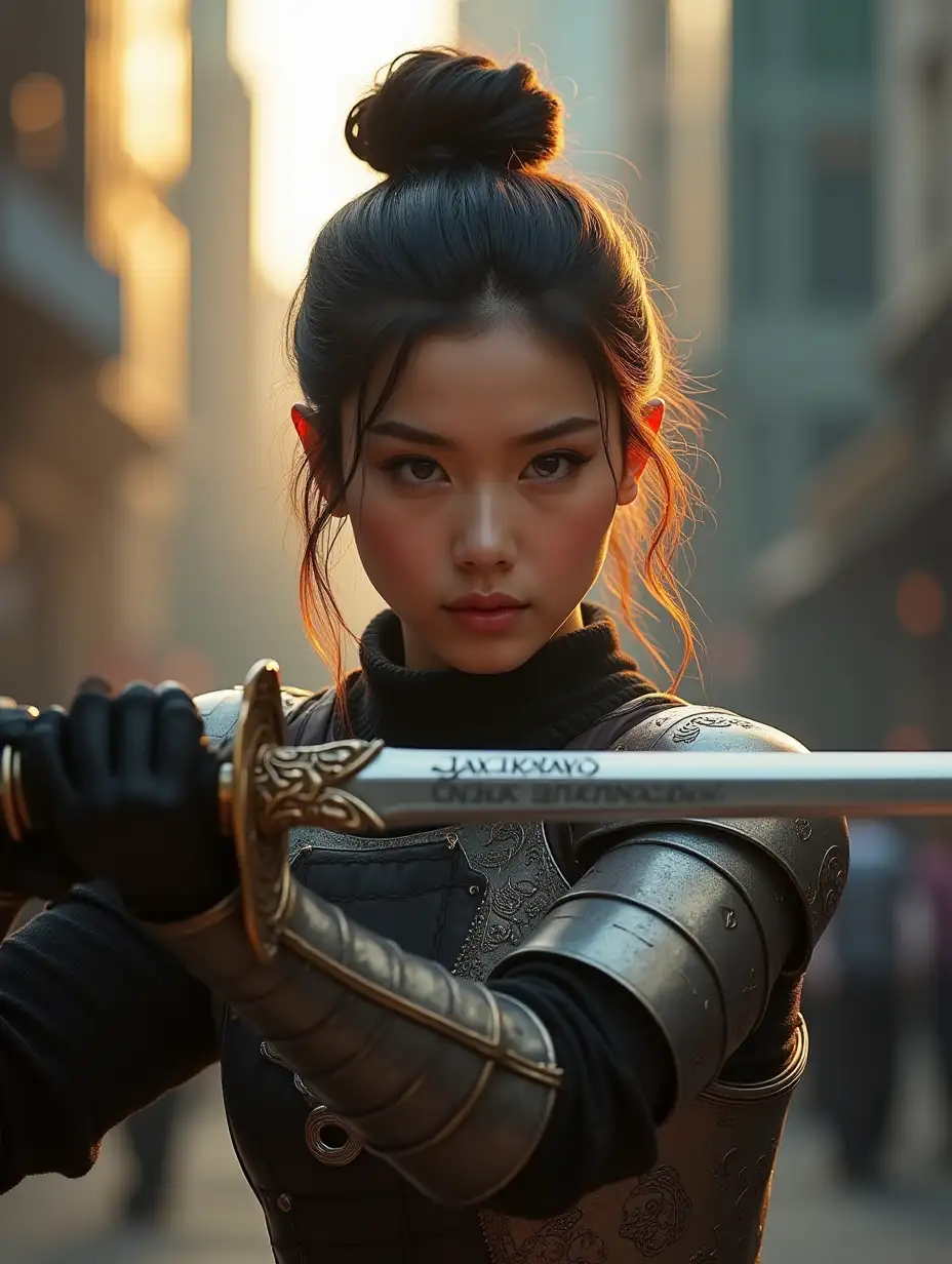 A medieval knight young japanese woman with an elegant updo hairstyle in a powerful action pose. She wields a beautifully designed gothic long sword with rune intricate engravings. The ornate armor and a dynamic, heroic stance. Blurred urban background, glass buildings, modern city ambiance. Golden sunlight, soft dreamy atmosphere, natural glow on face.