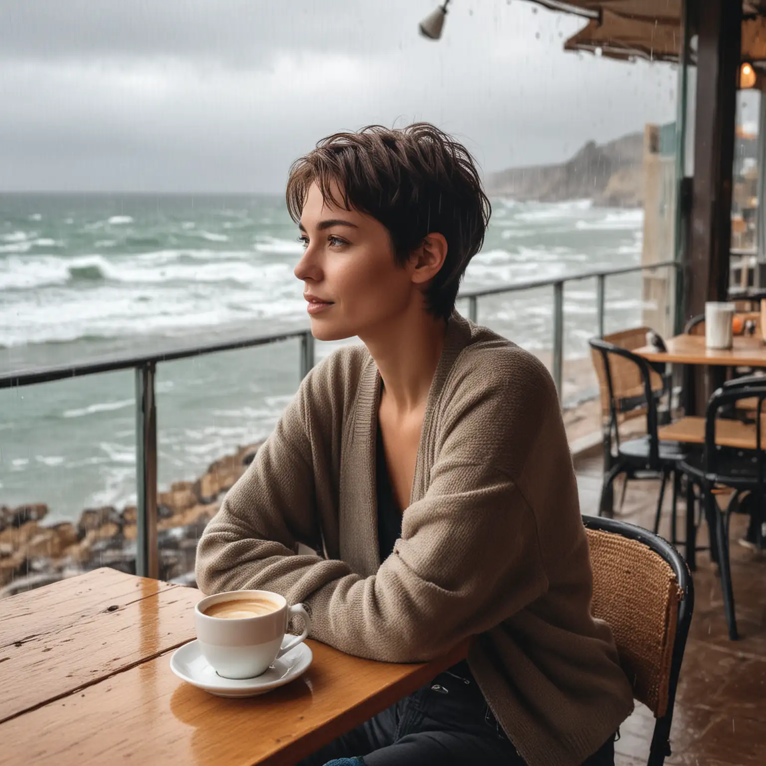 A woman with short hair, sitting in a coffee shop by the sea on a day of wild wind and rain, looks very comfortable watching outside.