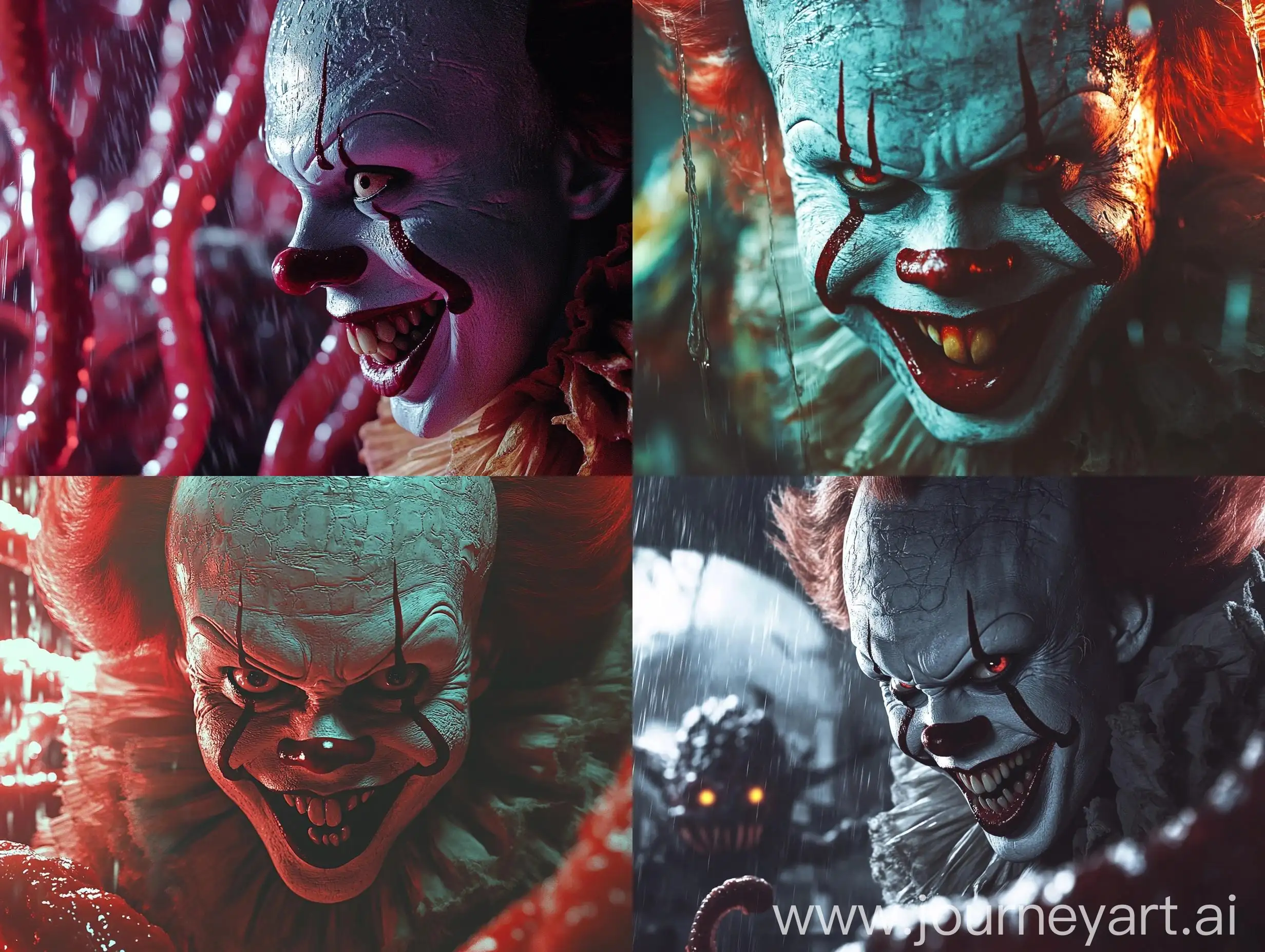 Creepy-Clown-Pennywise-Smiling-in-Rainy-Cave-with-Tentacle-Monsters