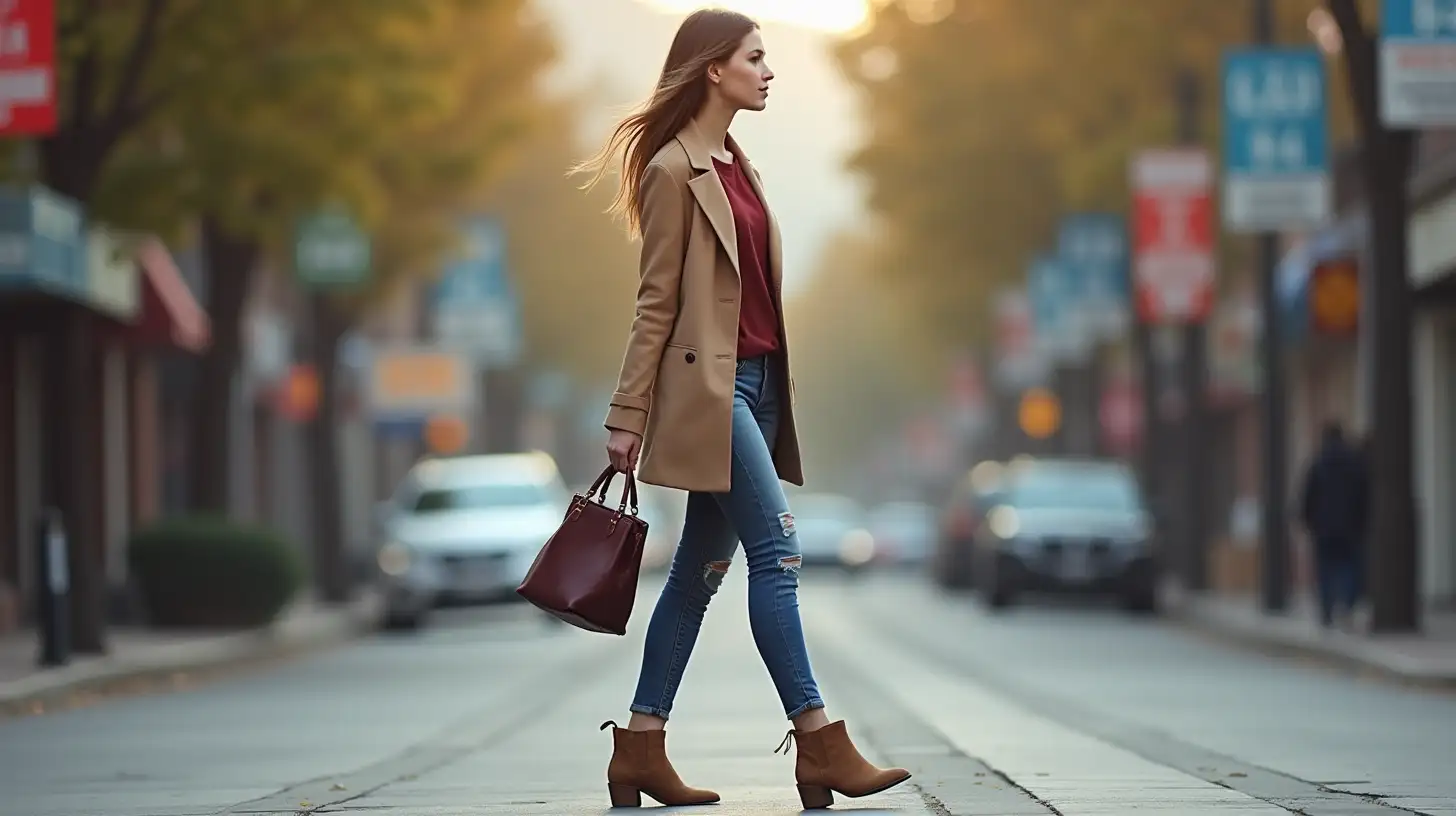 Young American Woman in Fashionable Outfit Walking with Purse