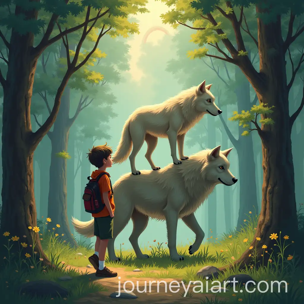 Boy-Flying-Over-Rainbow-on-Wolfs-Back-in-Woods