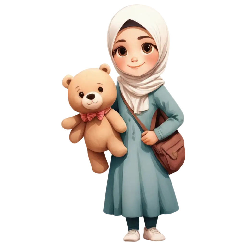 Cute-Cartoon-Hijab-Girl-Aged-10-Holding-a-Teddy-Bear-PNG-Image