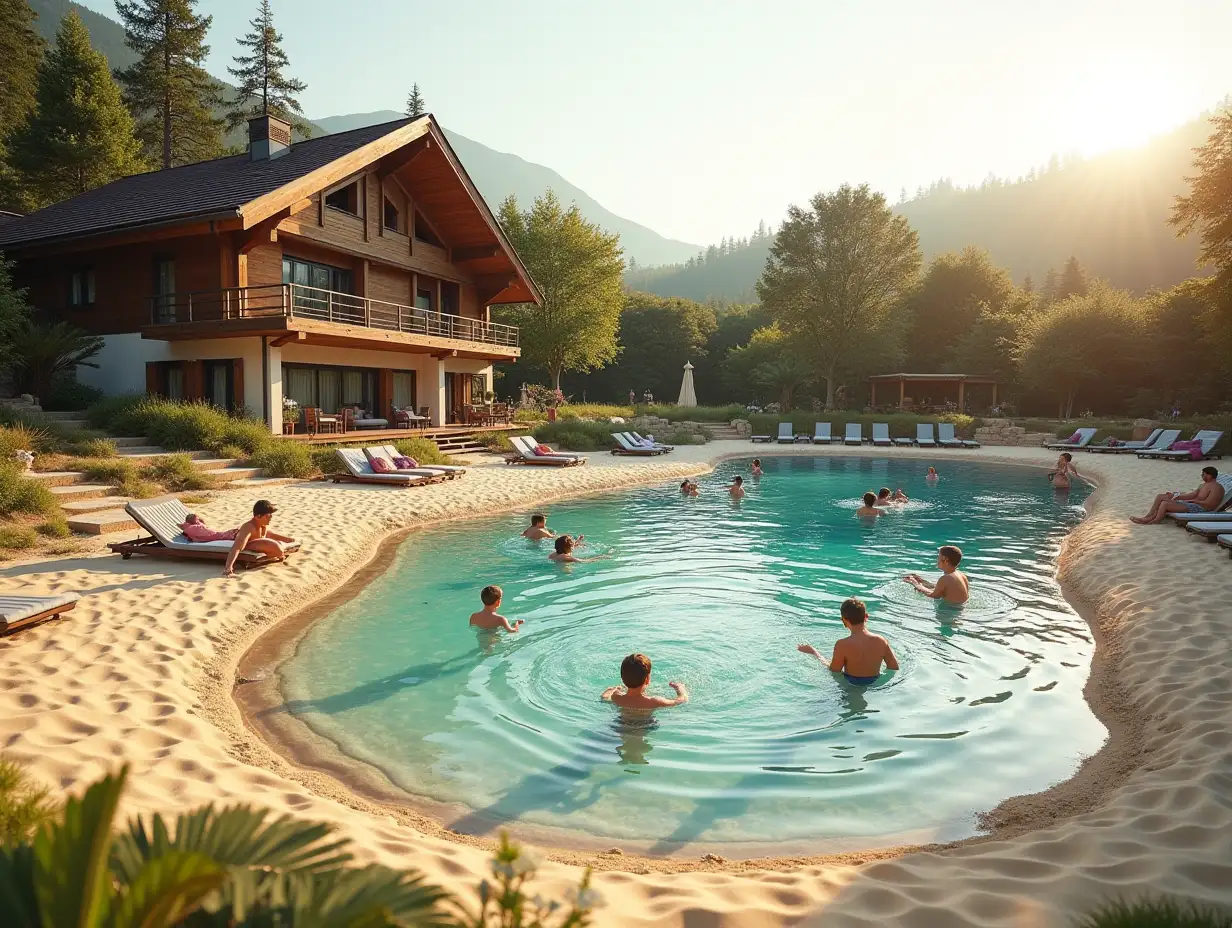 a sandy large pool with shores made of smooth sand, and the shape of the pool has a rounded shape in the form of a pond with a very gentle and sloping descent to the water - the banks gently enter the water forming a sloping descent, there are sun beds near the water and people sunbathe on them, some of the people swim, and children and other people play by the water along the shores of this pool, there are also only 3 houses located at a distance from each other and at a distance from the shore of the pool and the entire territory between the pools and the houses there is a lawn of grass and small flower beds between wooden paths leading from the houses to the pools, these houses have the appearance of a chalet made of a wooden standing system of beams and only in the half-timbered style but only with glass walls -  with panoramic windows in all walls from floor to roof, that is, each wall is a panoramic window, trees can be seen behind the houses, a sunset sunny day and a lot of sunset sunlight, the foreground is in focus, and the background is blurred, realism