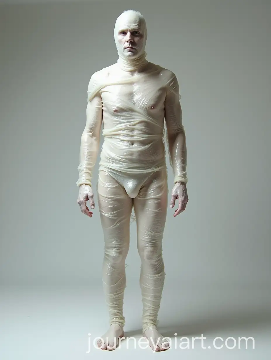 Transparent-Cellophane-Wrapped-Mummy-Man-in-Minimalist-Setting