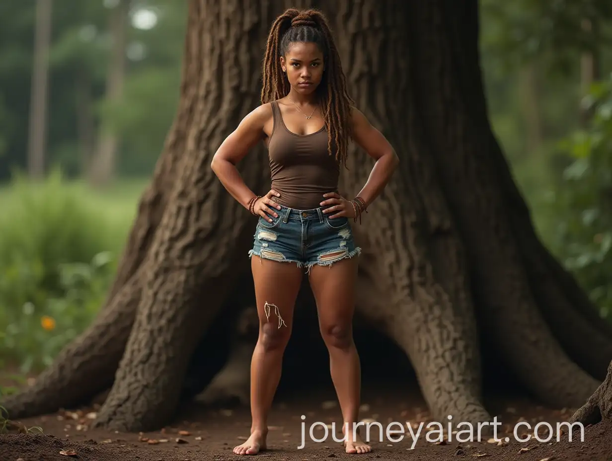 Angry-Woman-with-Brown-Dreadlocks-Standing-by-Tree-Stump