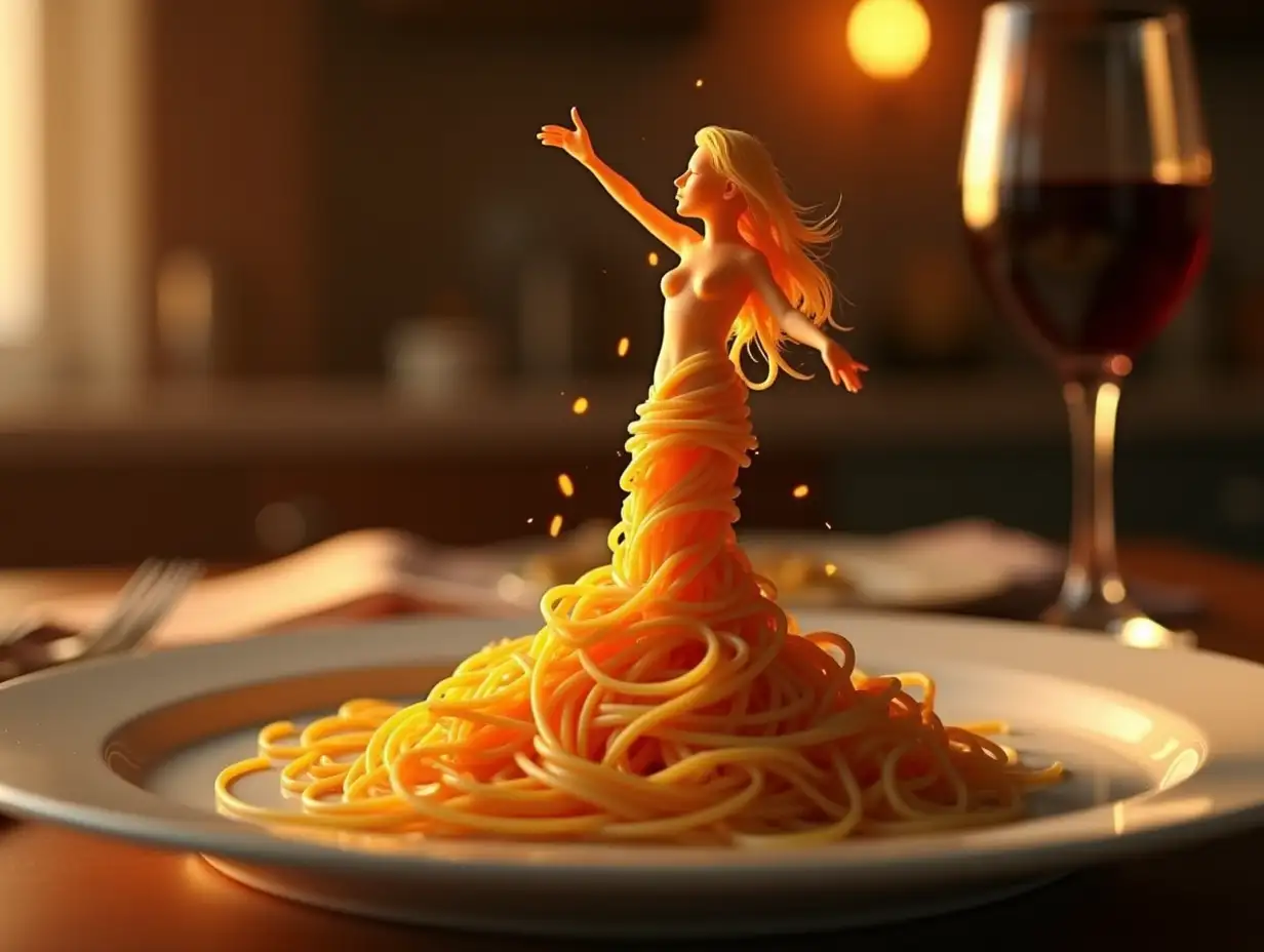 Create a whimsical and artistic scene featuring a single human-like figure made entirely of spaghetti, This figure should appear to be dancing gracefully on a plate, The background should depict a cozy kitchen setting with warm, ambient lighting, creating a romantic and intimate atmosphere, Include elements such as a glass of red wine and a beautifully set table to enhance the mood, 4k --ar 9:16 --stylize 250