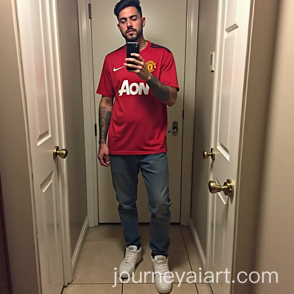 Male-in-Manchester-United-Shirt-and-White-Air-Force-Ones-Standing-in-Front-of-Mirror