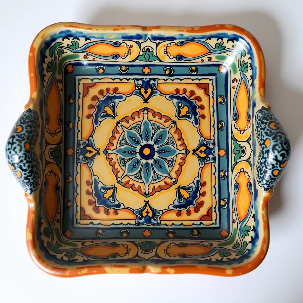 Square with rounded corners ceramic serving dish with embossed beautiful handle, fine art, antique and old, Qajar art, Iranian Tabriz carpet design