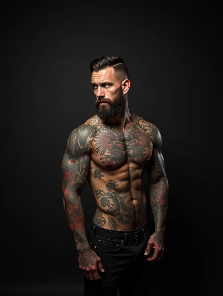 Cinematic professional advertising photography of tattoo gym guy with tattooed torso