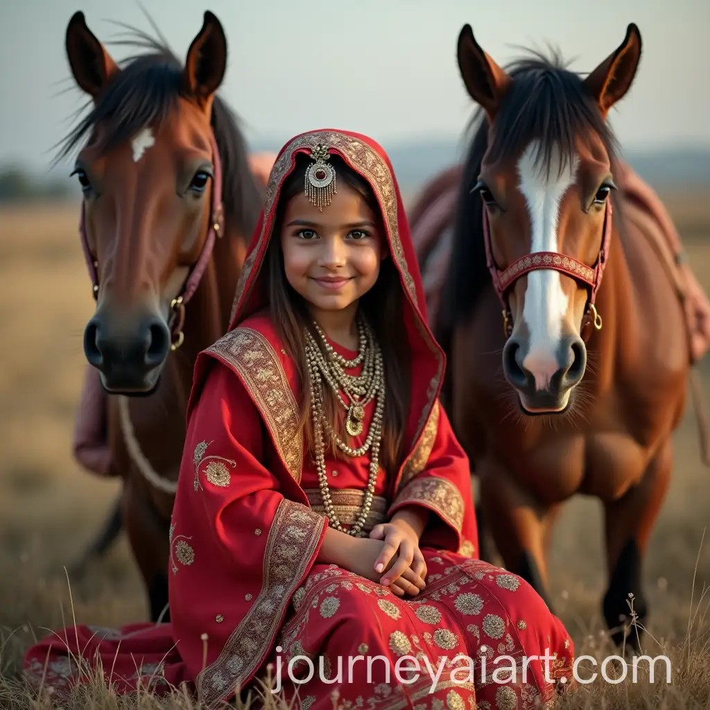 FiveYearOld-Turkish-Girl-in-Indian-Attire-Sitting-Near-Two-Horses