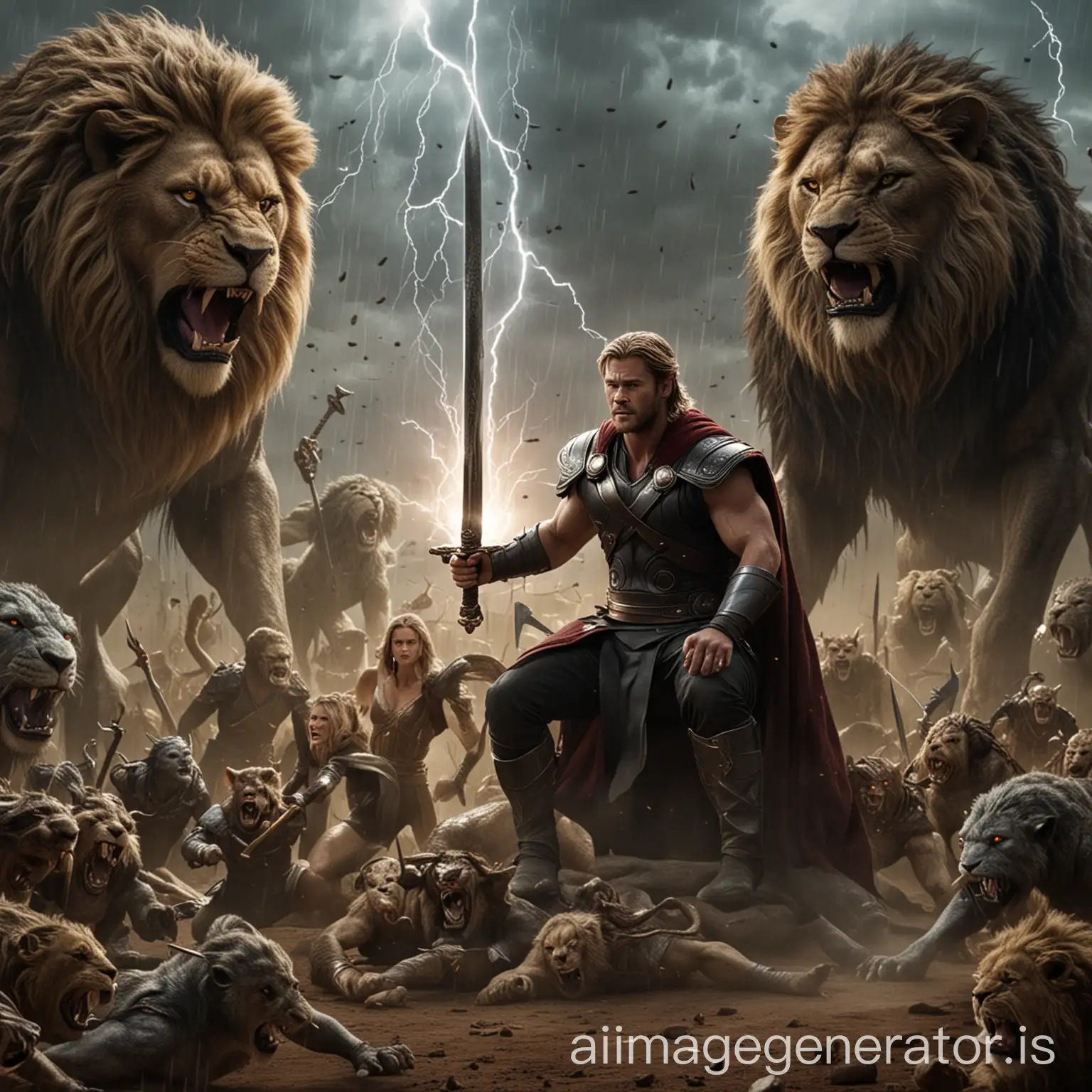 Chris Hemsworth is sitting in Chris Hemsworth is sitting in Big and Janit Lion , With a big sword and terrible lightning coming out of it, lion running,  There is an army of monsters behind them