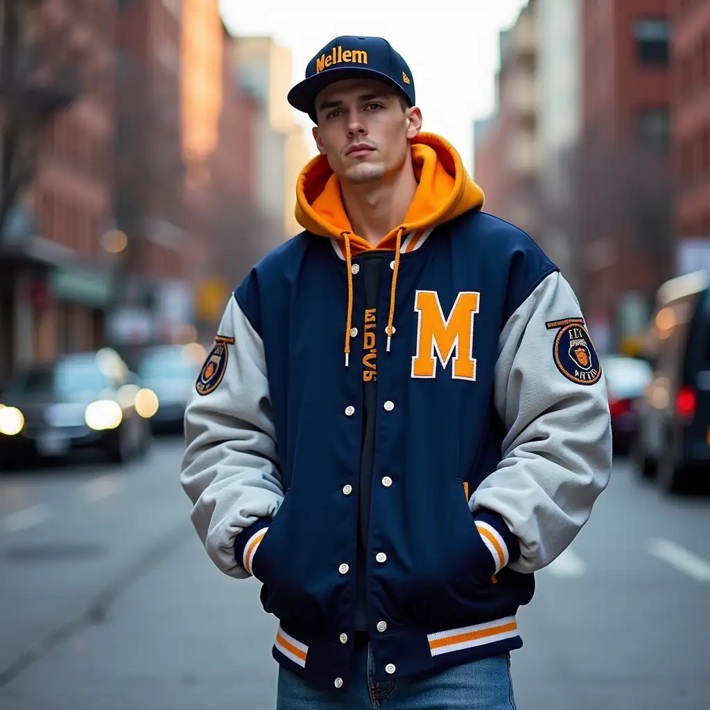 Stylish-White-Male-Model-in-Oversized-Navy-Blue-Baseball-Jacket-on-New-York-Street