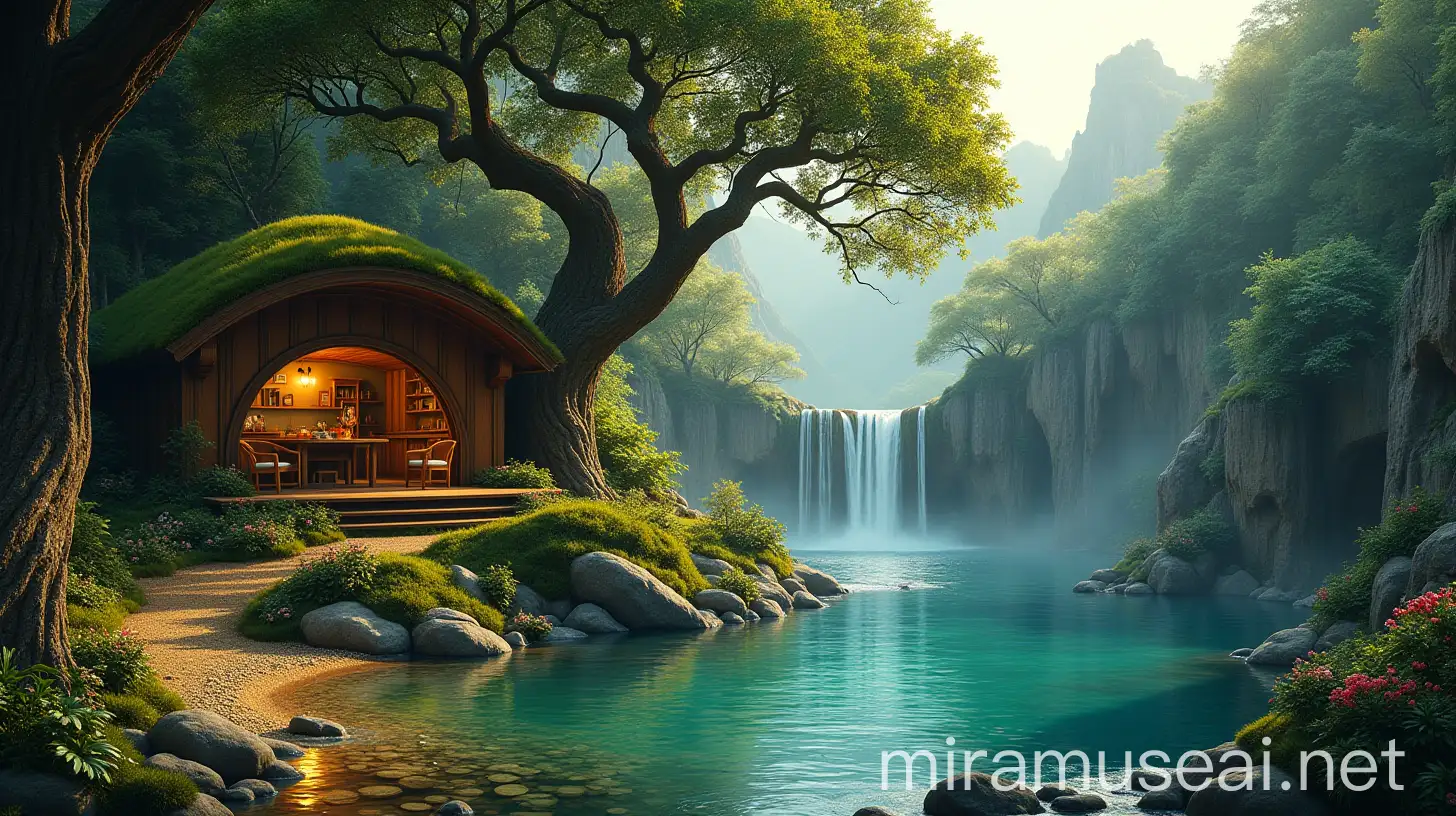 Mountain Waterfall Hobbit House Interior View with Crystal Clear Water