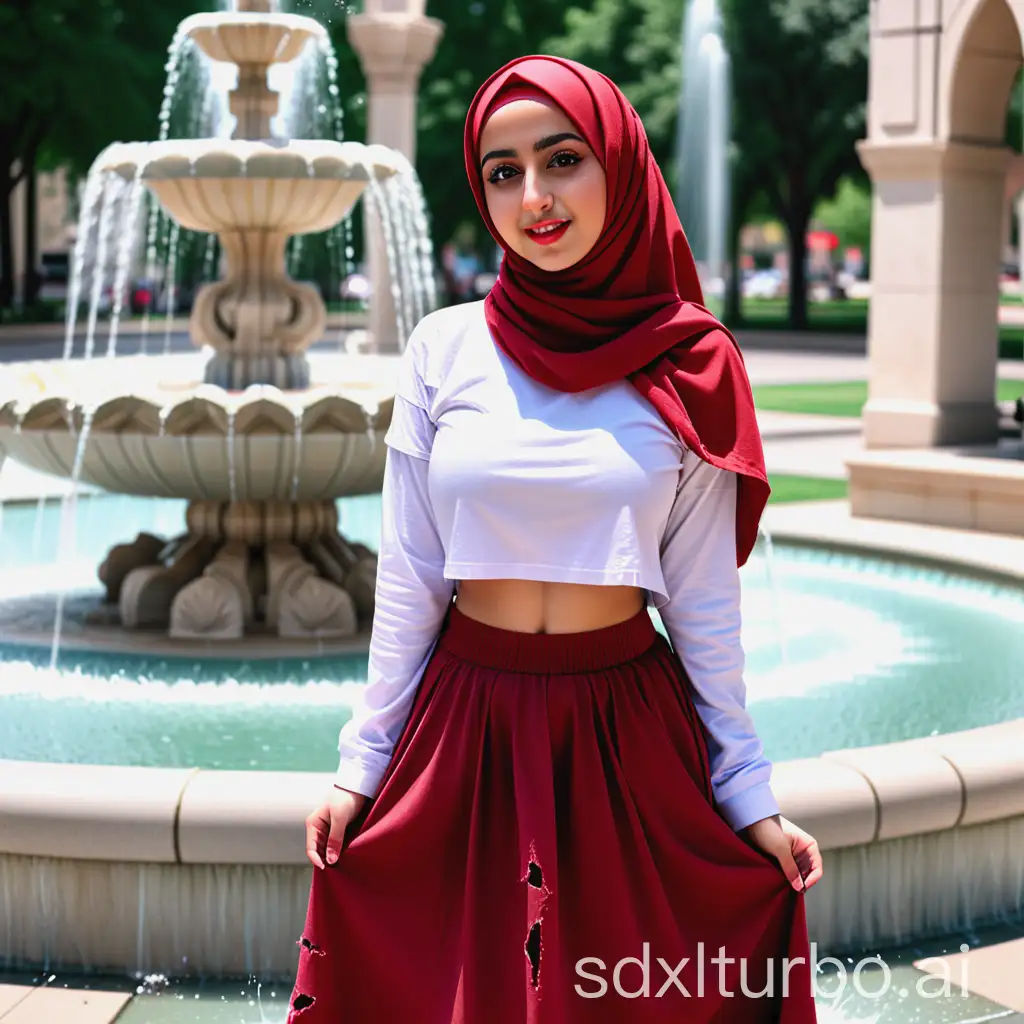 hijabi girl wearing ripped crop top and red skirt in front of fountain